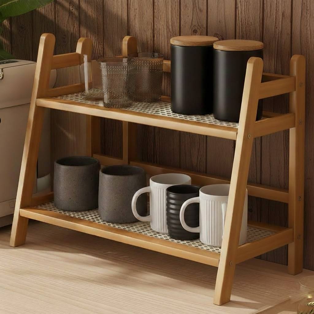 Natural Bamboo and Rattan-Style Multi-Tier Desktop Organizer