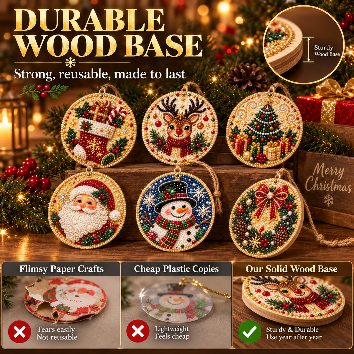 Christmas Diamond Art Ornament Kit — 6 Wooden Keepsakes  🌟🪵