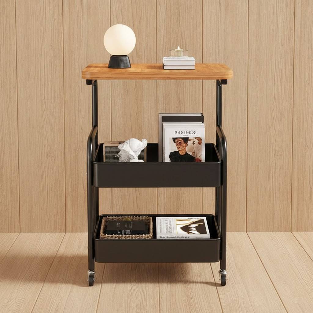 Mobile Rolling Storage Cart with Wood Tabletop