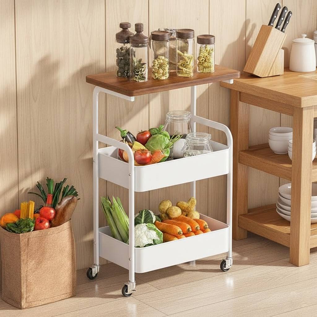 Mobile Rolling Storage Cart with Wood Tabletop